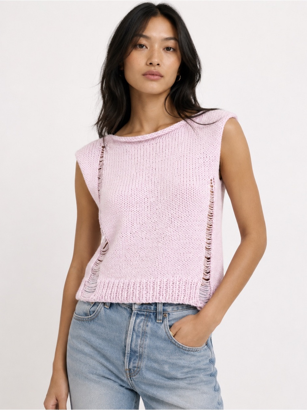 Hand Knit Distressed Sleeveless Sweater Tank Pink Knit Tunic S/M
